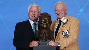 Jerry Jones congratulates Jimmy Johnson on Hall of Fame election