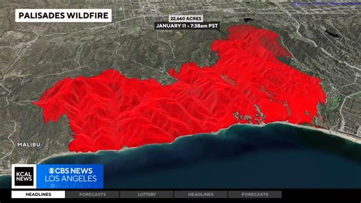 This animated map from KCAL News shows a timeline of how the Palisades Fire - the largest blaze ravaging Southern California - exploded over the course of four days. It continues to burn on Saturday as officials shared more evacuation orders and warnings for Los Angeles' Encino and Brentwood areas. #pacificpalisades #palisades #palisadesfire #wildfire #losangeles #la #fire #california #socal | CBS News
