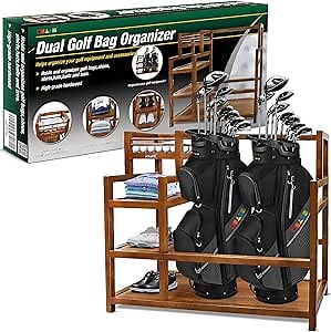 Wooden Golf Storage Garage Organizer - Golf Bag Stand for 2 Bags, Ideal for Garages, Clubhouses, Sheds, Basements
