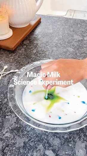 MAGIC MILK! 🥛 Watch the magic unfold with this Magic Milk science experiment! A splash of creativity turns everyday ingredients into a swirling masterpiece. Here’s how to create some colorful science! What You’ll Need: - Whole fat milk - Food coloring - Dawn dish soap - Q-tips The Science Behind It: Whole Fat Milk: Whole fat milk contains fat molecules that are sensitive to changes in the milk’s surface tension. This property comes into play as other materials are introduced. Food Coloring: Foo