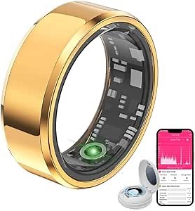 Smart Rings for Women Men, Fitness Sleep Health Tracker Rings for Sleep Tracker/Heart Rate/Blood Oxygen/Steps/Distance/Calories, IP68 Waterproof Smart Ring for iPhone & Android (Gold, 9#)