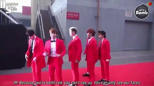 rookie BTS wearing red suits on red carpet: "we're in red, you can only see our faces". how many rts for those excited smol babies? #MAMARedCarpet #BTS @BTS_twt 1 rt = 1 vote / reply with the hashtags @snowberrytae #BangtanPaMore | Bangtan Pa More
