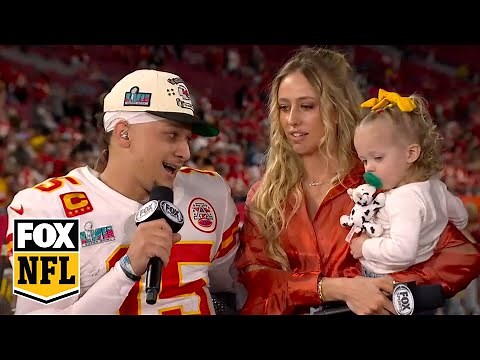 Patrick Mahomes speaks with the 'NFL on FOX' crew after Chiefs' win vs. Eagles in Super Bowl LVII