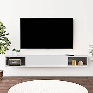 Floating TV Shelf, 48'' Wall Mounted TV Cabinet, Floating Shelves with Door, Modern Entertainment Media Console Center Large Storage Under TV (47.64IN, White)