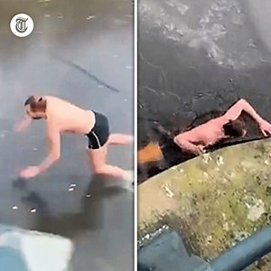 Een schaars geklede man laat zijn schaatskunsten zien, maar valt dan door het ijs 🥶 | De Telegraaf