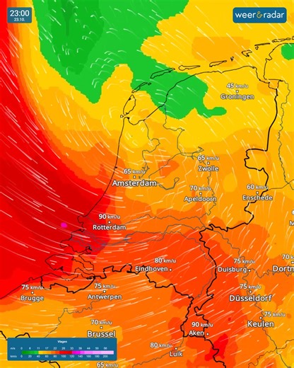 Wat gaat de storm doen donderdag? Dit maakt onze WindRadar ervan. Opvallend zijn de zeer hoge windsnelheden aan de westkust op donderdagavond en dat het in het noorden van het land nog meevalt. We blijven het volgen! | Weer & Radar Nederland