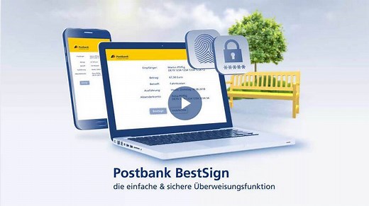 Jetzt noch einfacher mit unserem Sicherheitsverfahren Postbank BestSign überweisen! Sie haben Ihre Aufträge im Online-Banking bisher mit mobileTAN oder ChipTAN freigegeben? Noch einfacher und komfortabler überweisen Sie künftig mit Postbank BestSign. BestSign können Sie jetzt sogar direkt online im neuen Banking & Brokerage aktivieren und sofort nutzen. Sie brauchen nicht mehr auf den Aktivierungscode per Post warten. Wie es geht und wie BestSign funktioniert, zeigt Ihnen unser Video. Weitere In