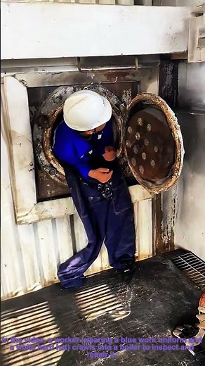 Boiler Maintenance: Worker Inspects Inside the Boiler